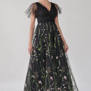 V-Neck, A-Line, Full Length, Floral Applique mother of the bride dress - tulle